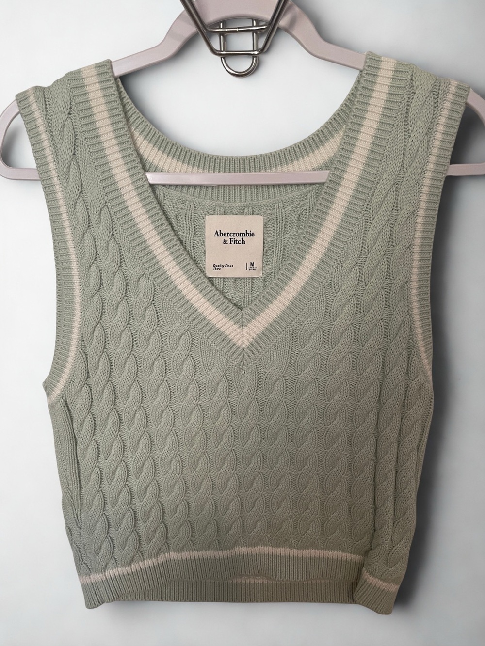 Abercrombie & Fitch Sage Green Cable Knit Vest with Cream Trim